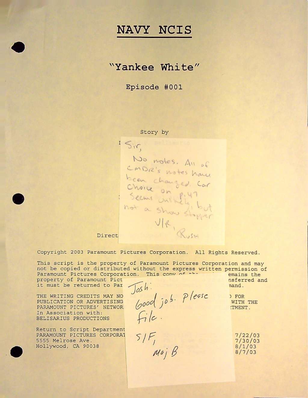 Script for episode 001 of NCIS, reviewed by the Marines' Hollywood office
