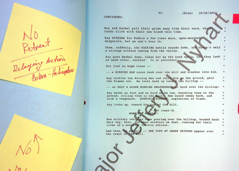 Military script review of War of the Worlds, saying no retreats are allowed